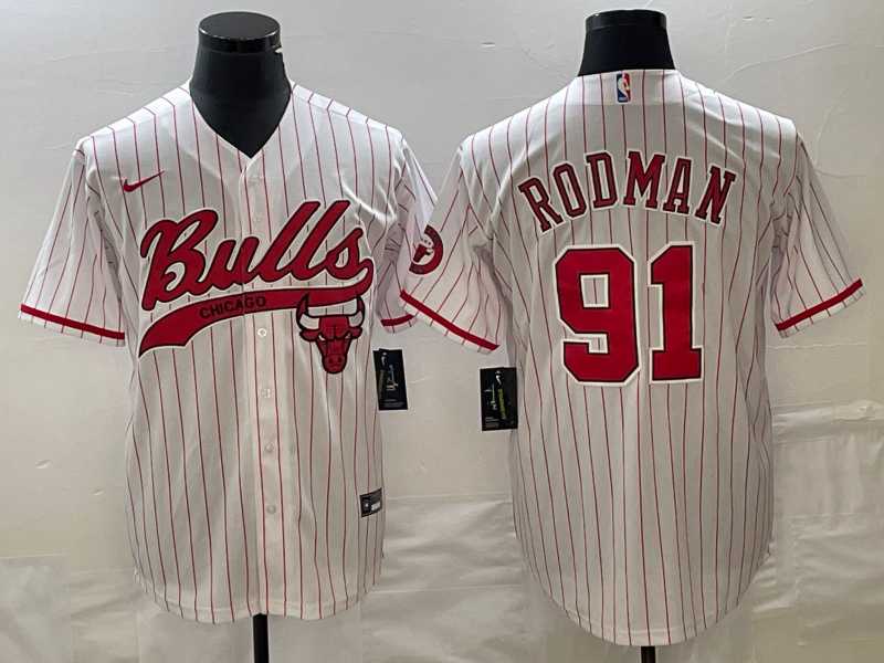 Men%27s Chicago Bulls #91 Dennis Rodman White Pinstripe Cool Base Stitched Baseball Jersey